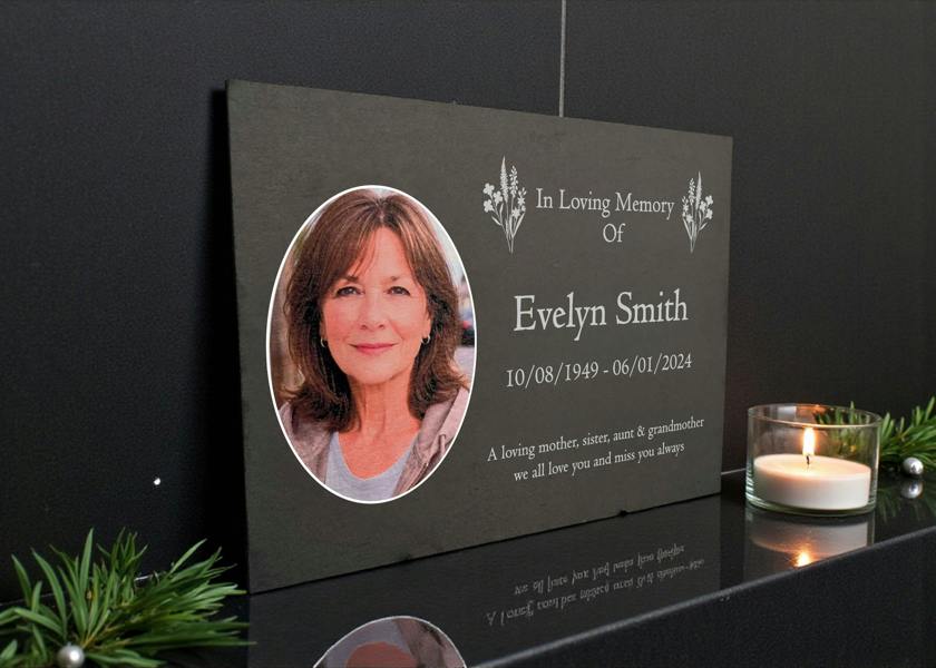 Memorials Direct Photo Slate Memorial Plaque,  Wildflowers, Add a Portrait & Personalised Text | 35×25cm (14×10”)