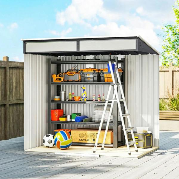 Grey metal garden shed with double sliding doors open and tool storage shelves