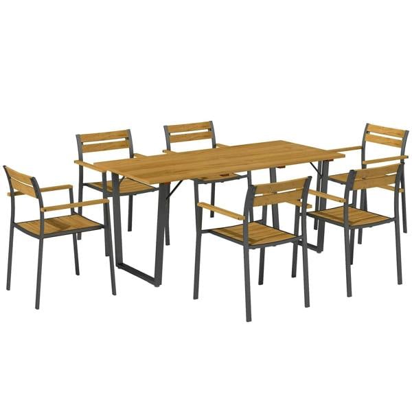 7-piece patio dining set with brown wood table, black metal legs, and 6 matching chairs