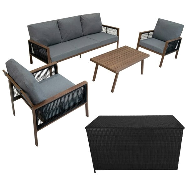 Jardi Aluminium 4 Piece Sofa Set with Black Rattan Storage Box - Wood Effect