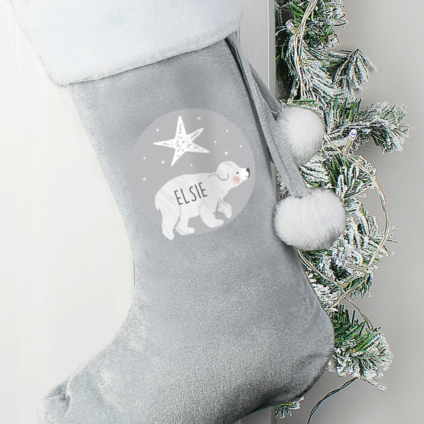 Personalised Memento Company Personalised Baby Polar Bear Luxury Silver Grey Stocking