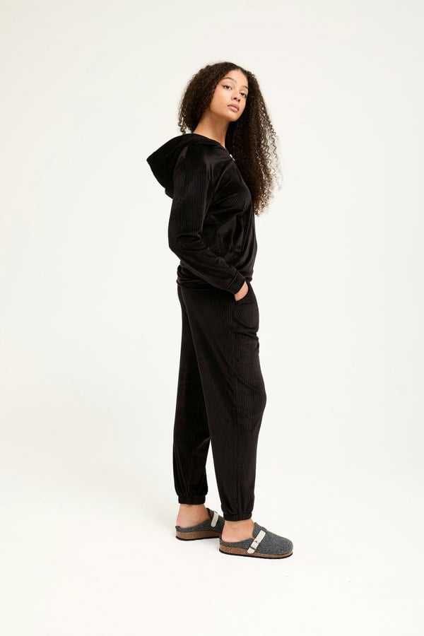 Velour Hoody Jogger Set in Black - Loungewear