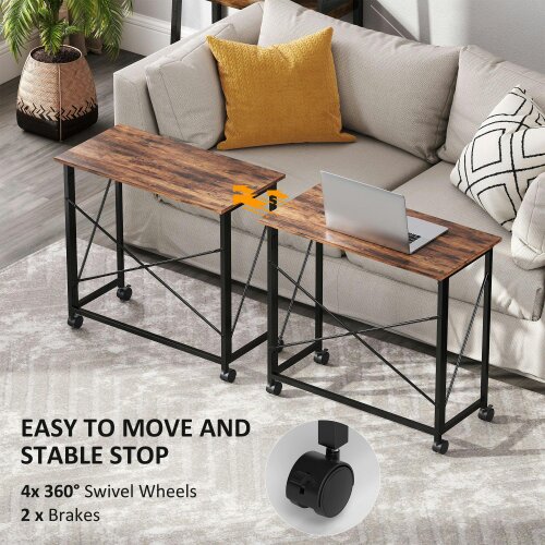 Wyld Haus Maco 80cm Wooden Rustic Brown Folding Desk On Lockable Wheels