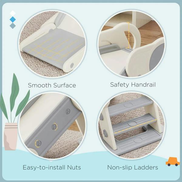Kids slide feature graphic with safety handrail, smooth surface, and non-slip steps