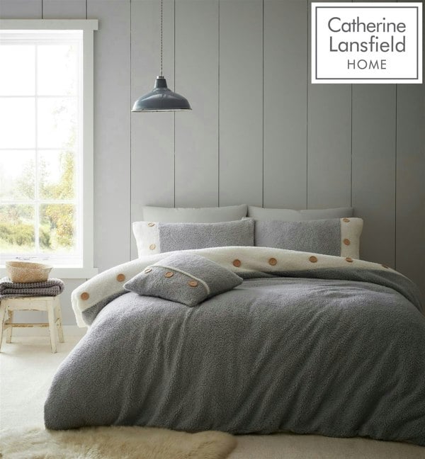 Catherine Lansfield So Soft 2 Tone Buttoned Sherpa Grey Duvet Cover Set