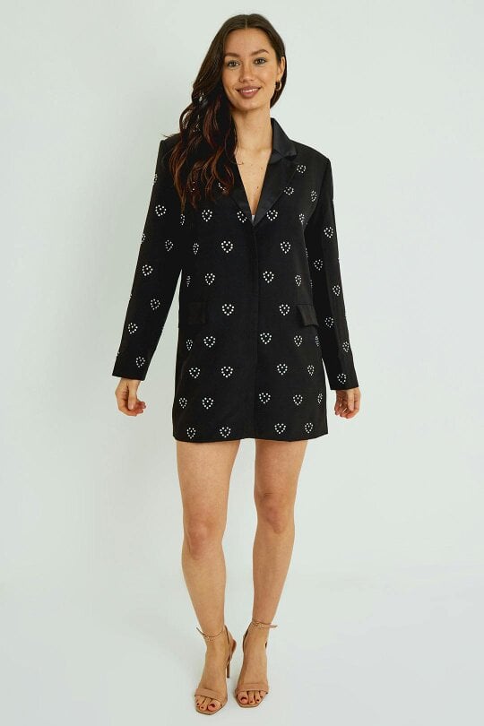 Black Heart Sequin Blazer Dress – Zip Front Structured Mini