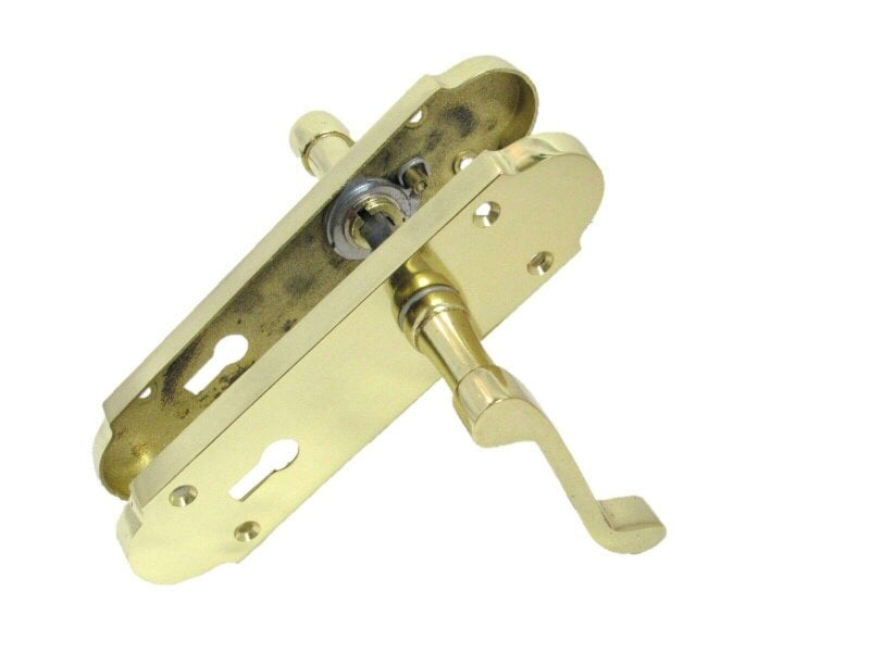 EDH Door Hardware Brass Finish Epsom Victorian Scroll Lock Door Handle on Shaped Back Plate +