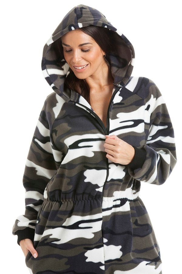 Camille Snow Camouflage Supersoft Fleece Zip Front Hooded All In One
