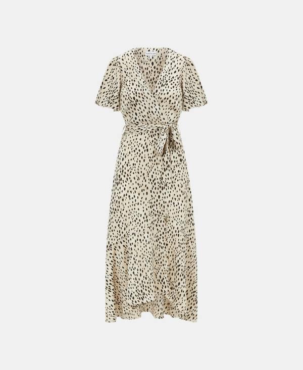 Needs No Label Cream Animal Printed Satin Wrap Midi Dress