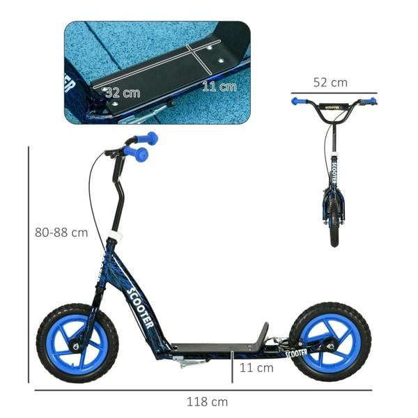 Blue kids kick scooter side view with black deck, front and rear wheels, kickstand