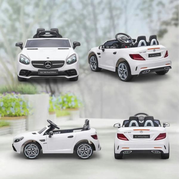 White kids electric ride-on car shown in multiple angles: front, side, and rear views.