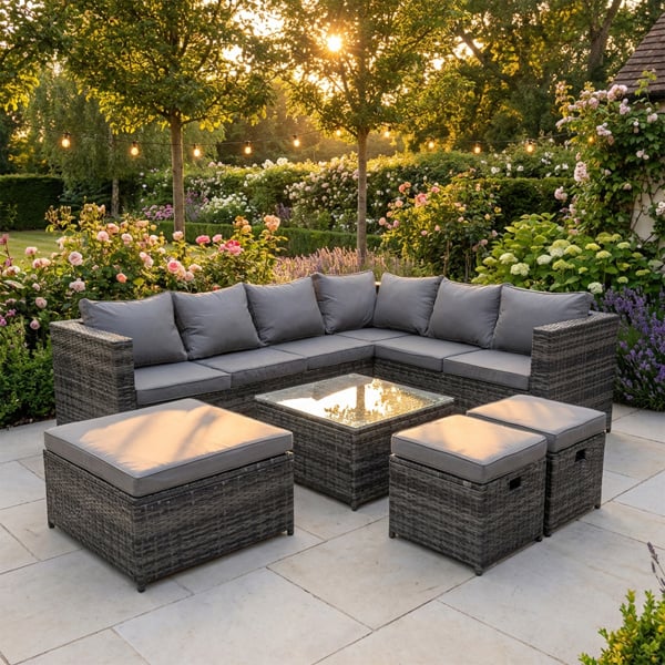 Fimous Outdoor PE Rattan Garden Furniture Sofa Set with Square Coffee Table 3 Stools Dark Grey