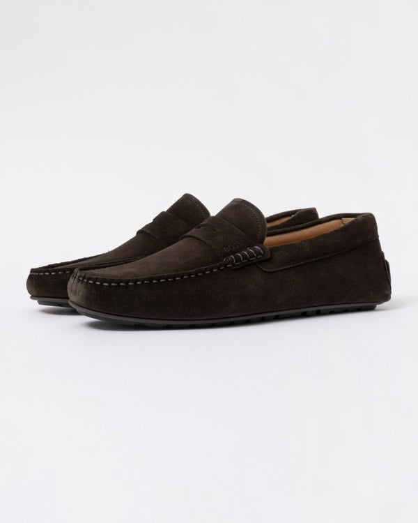 BOSS Orange Noel Mens Suede Driving Moccasins - Dark Brown 201 - CHO - Designer Mens Shoes