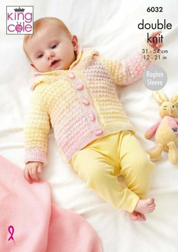 King Cole Cutie Pie DK Knitting Pattern 6032, Cardigans, Jackets, Capes, Headwear for Baby, 12 - 21 Inches