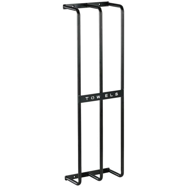 Black metal towel holder rack with six slots and mounting base
