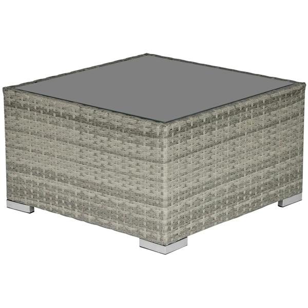 Square wicker rattan coffee table with grey glass top, light grey woven sides and metal feet