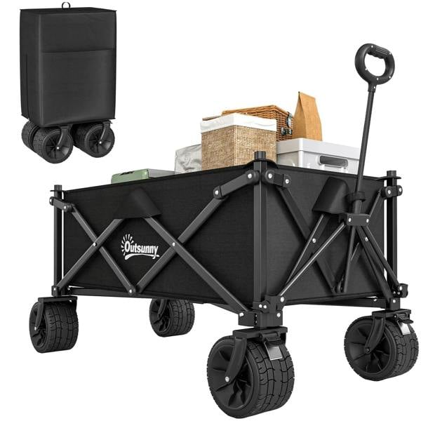 Black folding garden trolley wagon cart with padded carry bag and four rugged wheels