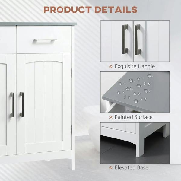 White bathroom cabinet details: vertical metal door handles and painted cabinet surface