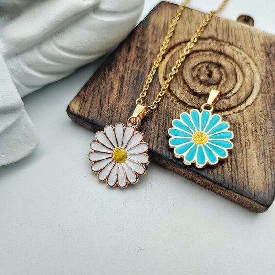 The Colourful Aura Colourful Blue Sunflower  Indie Boho Daisy Floral Charms Choker Summer Necklace
