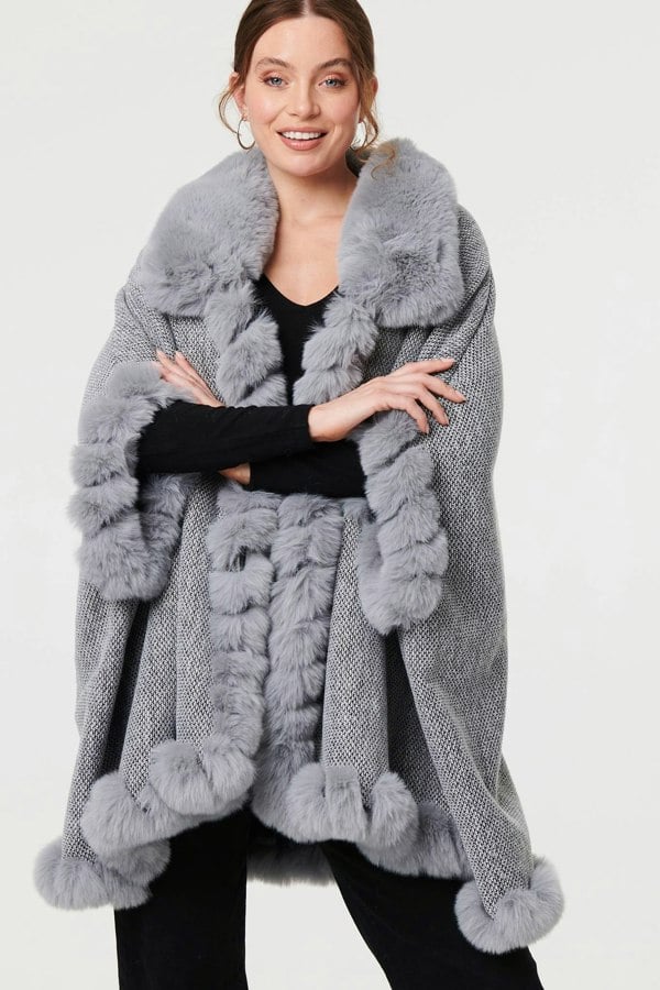 Grey | Faux Fur Lined Oversized Poncho
