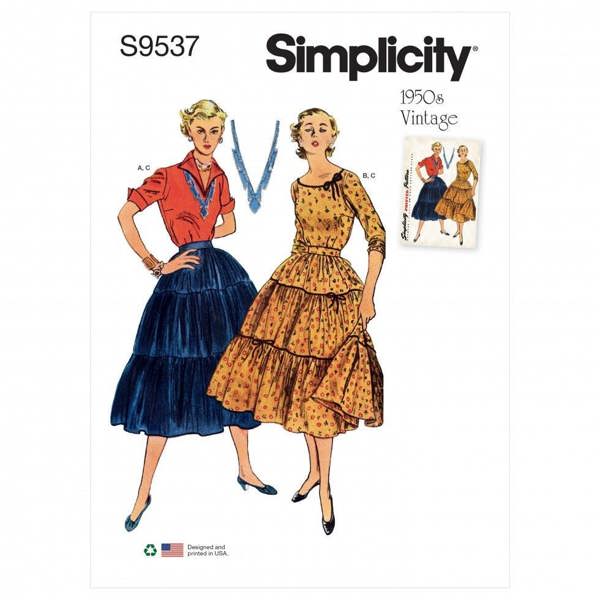 Simplicity Sewing Pattern 9537, Tops, Skirts, Vintage Style for Women, H5 (6-8-10-12-14) - Intermediate