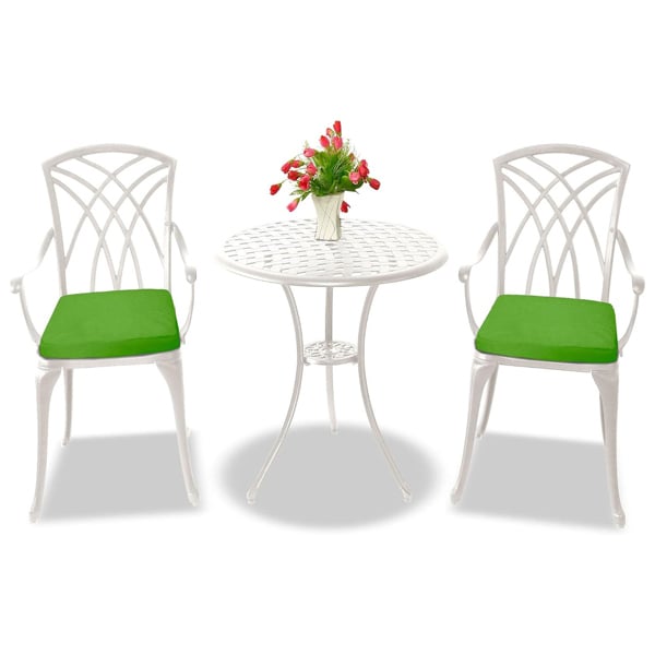 Centurion Supports OSHOWA Luxurious Garden and Patio Table and 2 Large Chairs with Armrests Cast Aluminium Bistro Set - White with Green Cushions