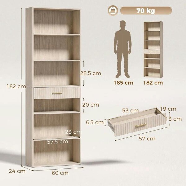 Bookcase Narrow Tall Space-Saving Bookshelf Drawer Open Shelves 60 x 24 x 182 cm Oak Wood Effect