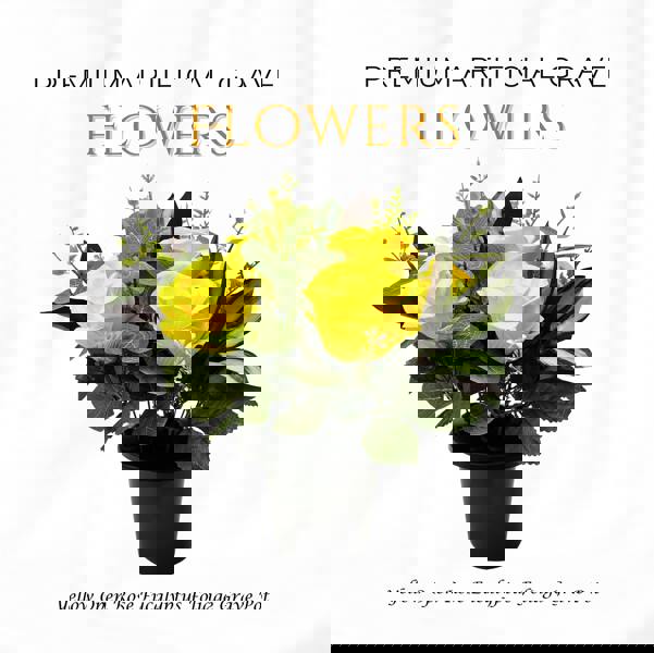 Memorials Direct Premium Artificial Grave Flowers – Yellow Open Roses with Eucalyptus (25cm) | Memorial Vase Pot