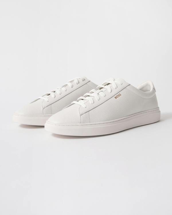 studio shot of BOSS Orange Kieran Mens Grained-leather trainers with rubber sole in White 100