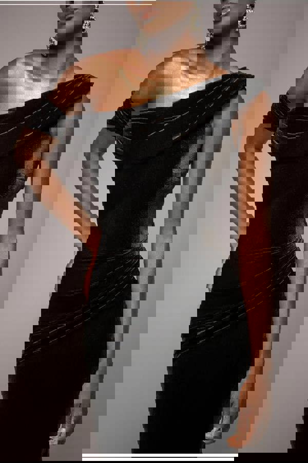 Cowl One Shoulder Velvet Maxi Dress - Black DR4504