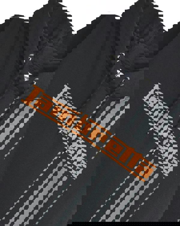Lambretta Stripe Mens Pull Over Sweatshirt Hooded Hoodie, black hoodie with orange Lambretta logo and gray stripe design.