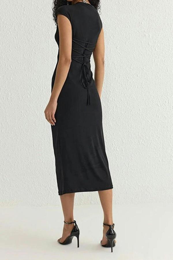 WOVCOR Fitted Adjustable Back Lace-Up Lined Knitted Dress