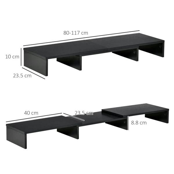 Black adjustable monitor stand riser, 80–117 cm length with angled supports
