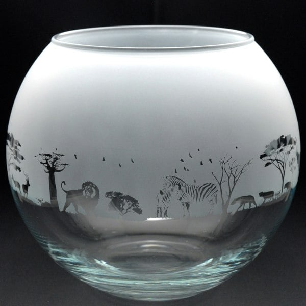 Glyptic Glass Art Safari Glass Flora Bowl Vase - Hand Etched/Engraved Gift