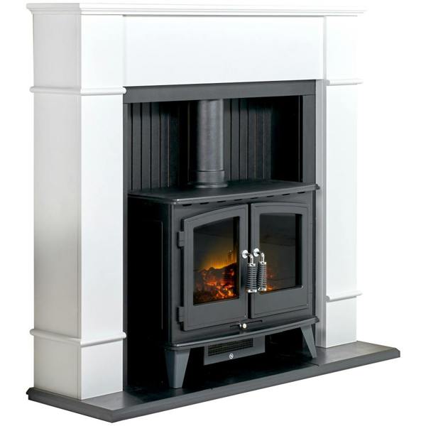 Adam Oxford Stove Fireplace in Pure White with Woodhouse Electric Stove, 48 Inch