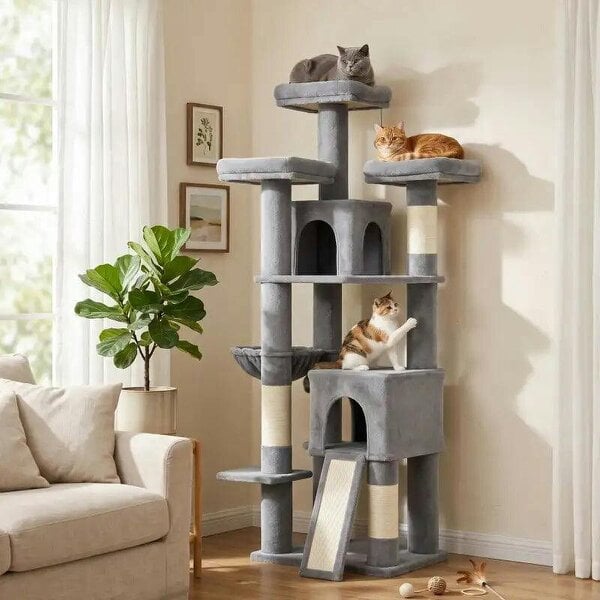 184cm Large Cat Tree for Indoor Cats, Multi-Level Tall Kitty Tower with 3 Scratching Posts, 2 Condos, 3 Padded Beds - Dark Grey