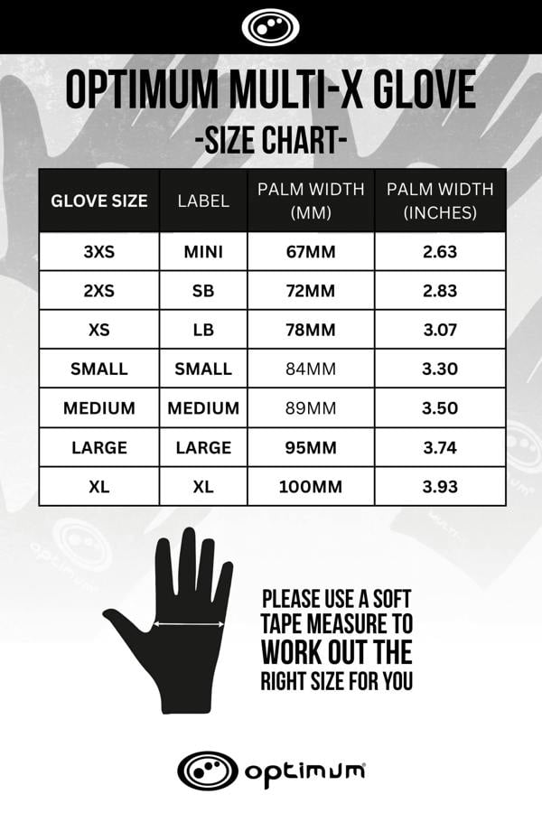 Optimum Multi-X glove size chart in black and white showing palm width sizes and a hand graphic - Optimum