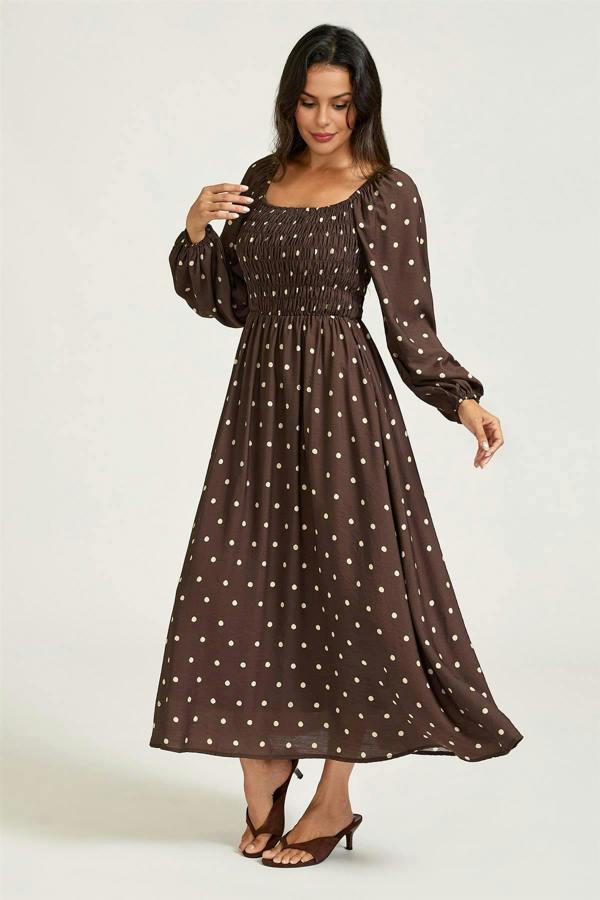 FS Collection Brown Dot Print Square Neck Midi Dress