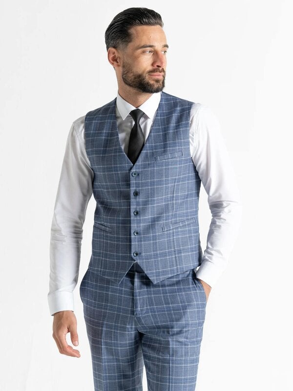 V2 Classic Kensignton Three Piece Suit - Light Blue with White and Blue Checks