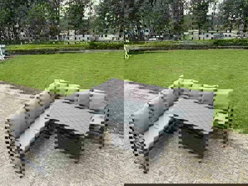 Fimous 7 Seater Aluminium Garden Furniture Set with Adjustable Rising Dining Table & Corner Sofa - Dark Grey