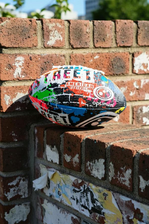 Graffiti-print Optimum Street American football resting on a red brick wall outdoors - Optimum
