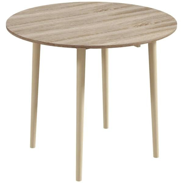 Round drop-leaf dining table with light natural wood finish and four slim legs