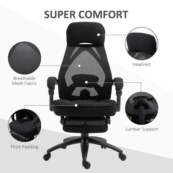 Black office chair with breathable mesh back, headrest and lumbar support
