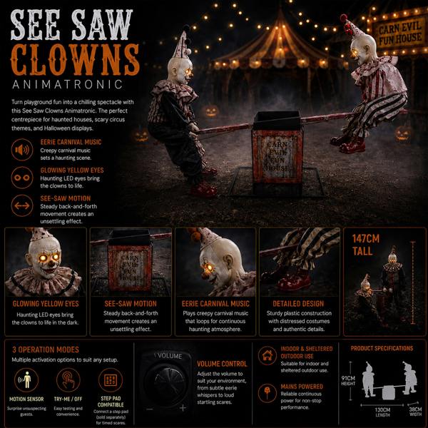 Samuel Alexander 91cm Tall See Saw Clowns Animated Halloween Decoration Prop with Red Glowing Eyes