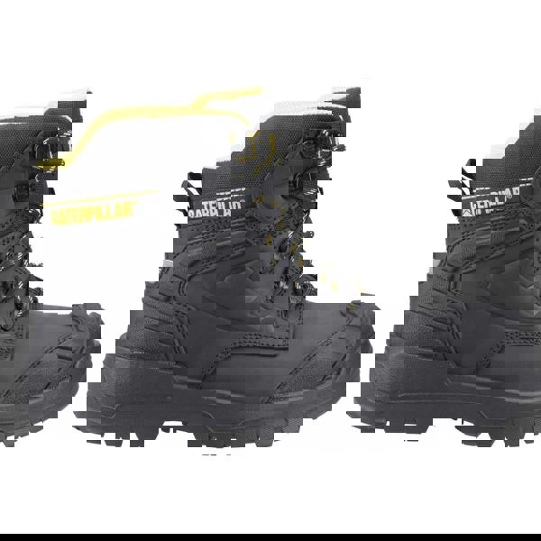 Caterpillar Striver XL 6" Mens Waterproof S7 Lace Up Safety Ankle Boots, black with yellow accents, rugged outsole, and padded collar for durability and comfort.