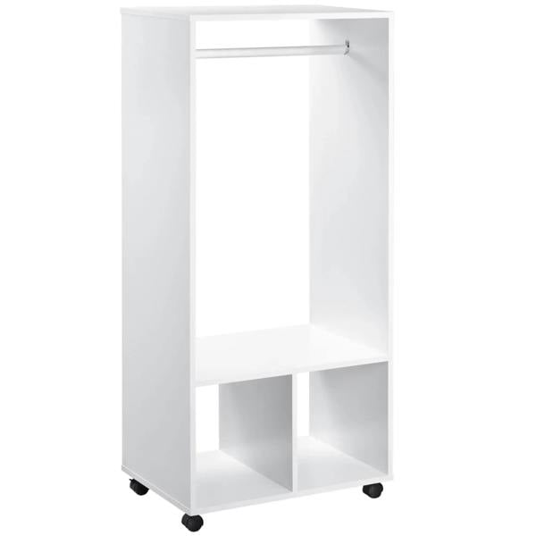 White mobile open wardrobe with hanging rail, two shelves, and rolling wheels