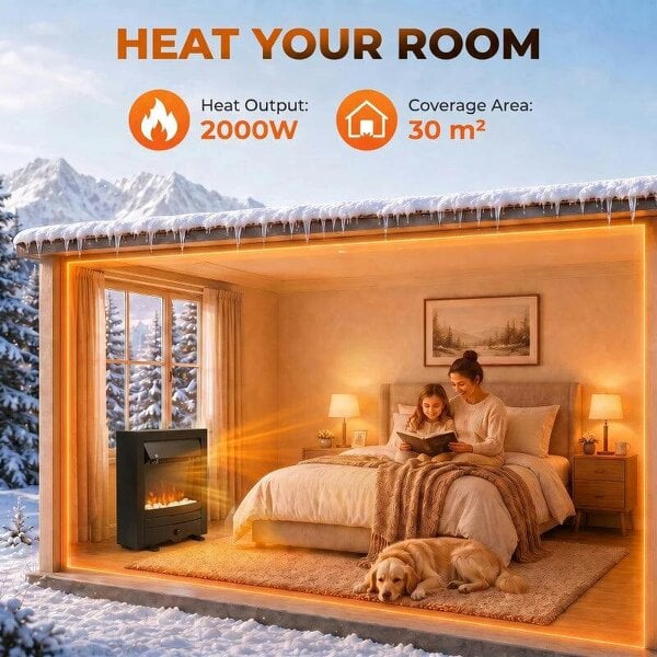 Electric Fireplace Stove Freestanding/Inset, 2000W, Electric Fire with LED Flame, Pebbles, Adjustable Thermostat, Black