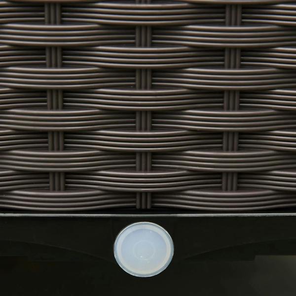 Close-up of brown woven rattan-style planter side with a round drainage outlet