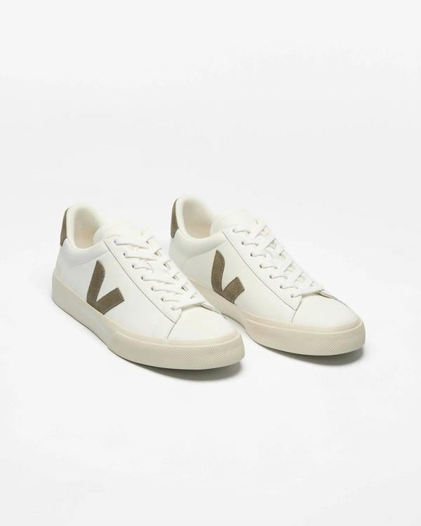 VEJA Campo Leather Mens Trainers - Extra White/Kaki | CHO | Designer Mens Trainers