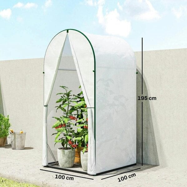Bobobiy Mini Greenhouse, Portable Green House with Roll-Up Door, PE Base, Small Greenhouse, 100 x 100 x 195 cm, White